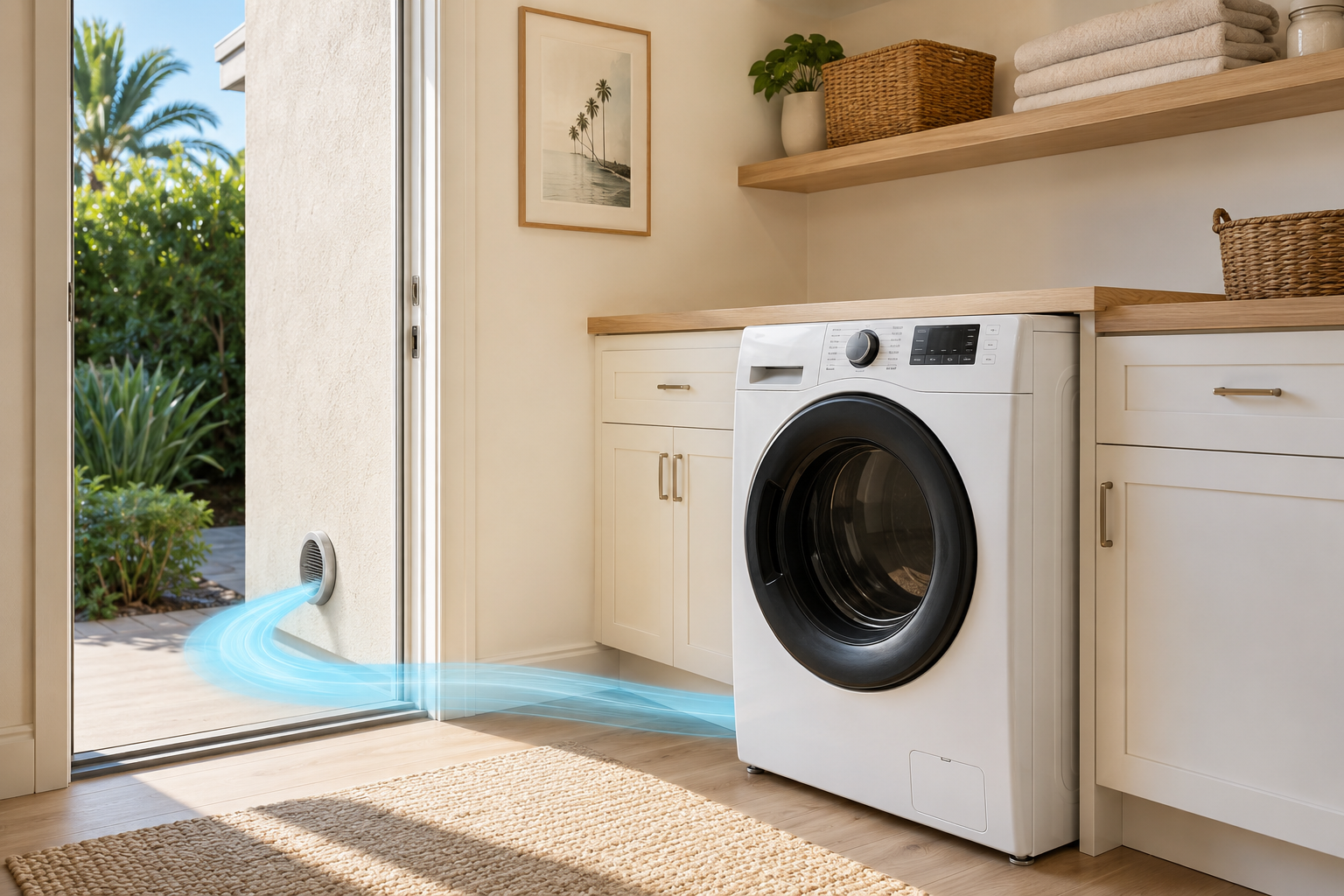 Bright laundry room with a dryer and a ground-level exterior wall vent